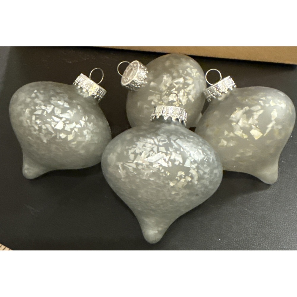 Christmas Holiday Silver Speckled Glass Teardrop Tree Ornaments Set‎ Of 4